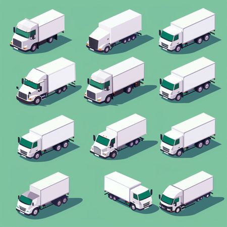 Set of trucks isolated on green background. 3d isometric vector illustration.のイラスト素材