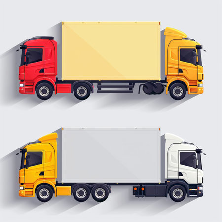 Set of yellow and red trucks on a gray background. Vector illustrationのイラスト素材