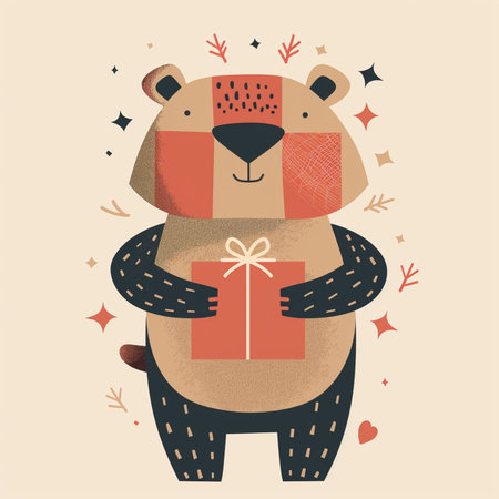 Cute hand drawn vector illustration of a bear with a gift.のイラスト素材