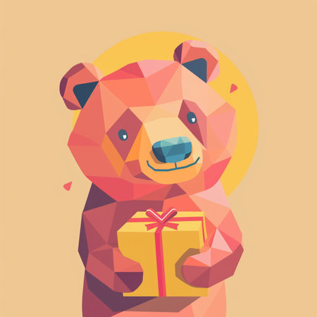 Polygonal bear with a gift in his hands. Vector illustration.のイラスト素材