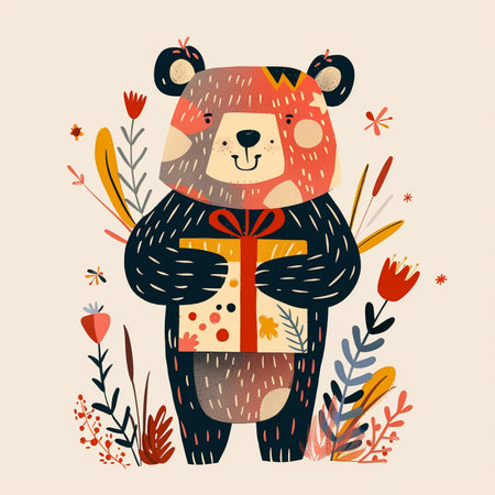 Cute bear with gift box. Vector illustration in a flat style.のイラスト素材