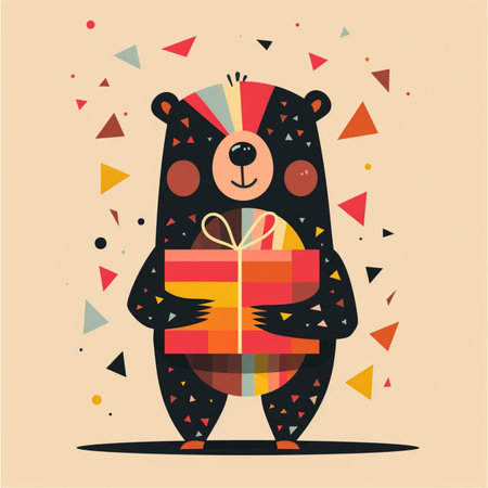 Cute cartoon black bear with gift box. Vector Illustration.のイラスト素材