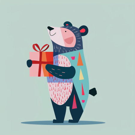 Polygonal bear holding a gift box. Vector illustration in low poly style.のイラスト素材
