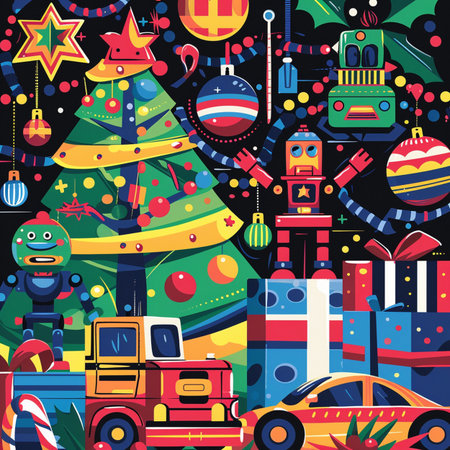 Seamless pattern with toys and Christmas tree. Vector illustration.の素材