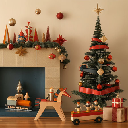 3d render of Christmas tree and fireplace with toys in living roomの素材