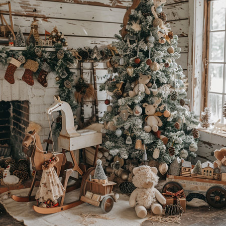 Christmas tree with toys in the interior of a rustic country houseの素材