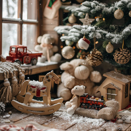 Christmas decorations on the background of a wooden window with a Christmas tree and giftsの素材