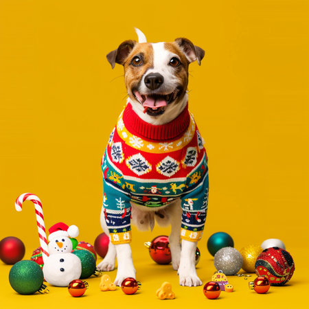 Dog in a Christmas sweater on a yellow background with Christmas ornamentsの素材