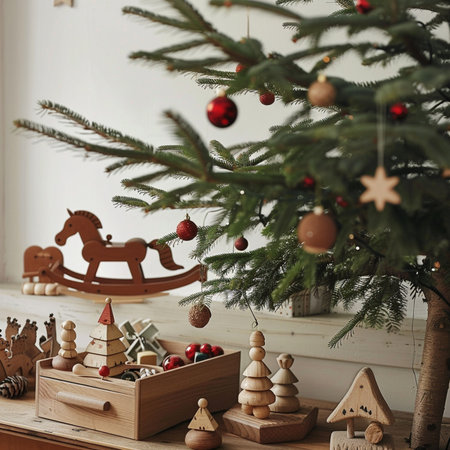 Christmas tree with toys on the background of a wooden rocking horse.の素材