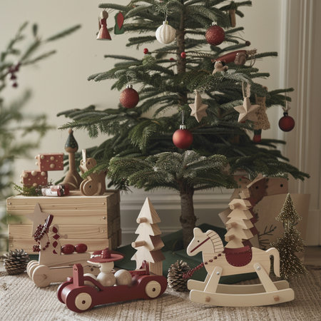 Christmas tree with toys and decorations in the living room. Vintage stylesの素材