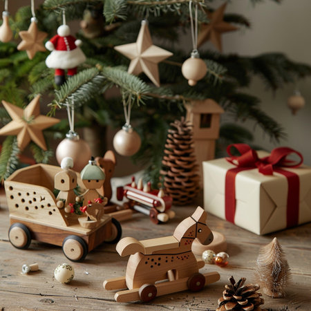Wooden toy car on the background of a Christmas tree and giftsの素材