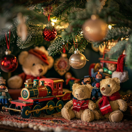 Christmas background with Christmas tree and toys. Selective focus. Holiday.の素材