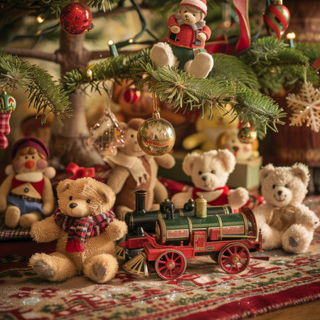 Christmas tree with toy train and teddy bears. Christmas background.の素材