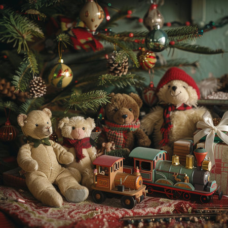 Vintage toys on the background of a Christmas tree and a fireplaceの素材