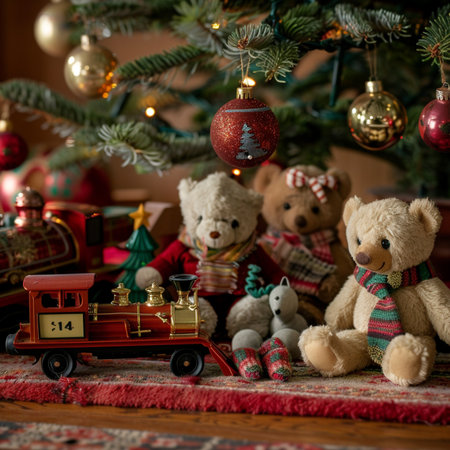 Teddy bear with toy train on the background of the Christmas treeの素材