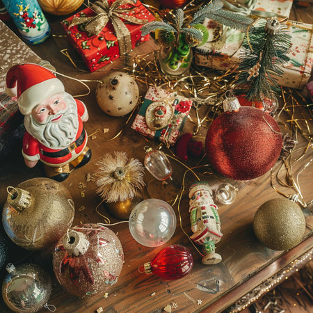 Christmas ornaments on a wooden table. Selective focus. Holiday.の素材
