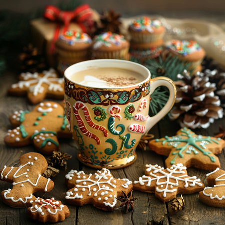 Cup of coffee with christmas cookies and gingerbread on wooden backgroundの素材