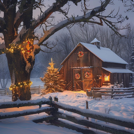 Wooden house in the winter forest with Christmas decorations and garlands.の素材