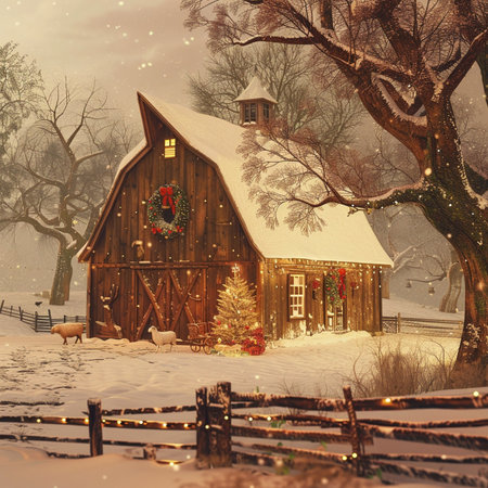 Wooden barn with christmas wreath and sheep in winter snowfallの素材