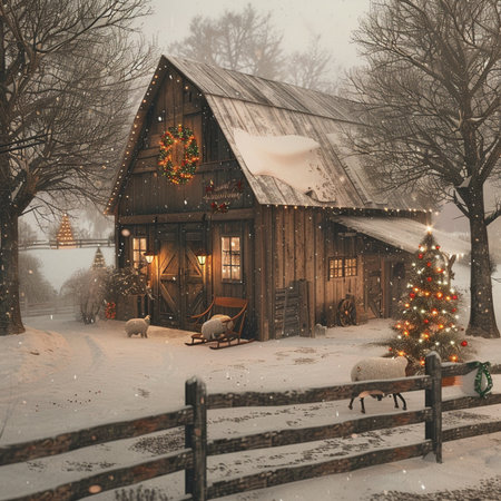 Christmas and New Year holidays background. Wooden house with Christmas tree in snowfall.の素材