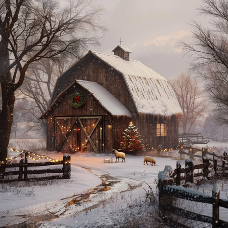 Christmas landscape with a barn and horses in the snow. Christmas backgroundの素材