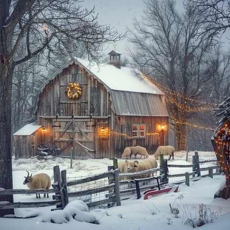 Sheep in front of a wooden barn in the winter forest.の素材