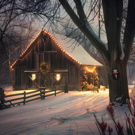Wooden barn in winter with christmas lights and reindeerの素材