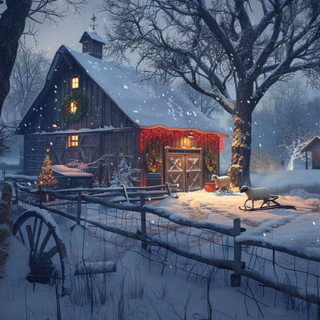 Fantasy winter landscape with a wooden house, sheeps and snowfall.の素材