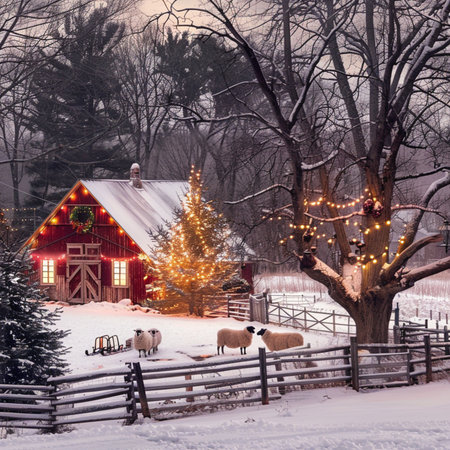 Christmas tree and sheep on the background of a red barn in winterの素材