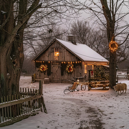 Beautiful old wooden house decorated for Christmas with a garland on the background of a winter landscape.の素材