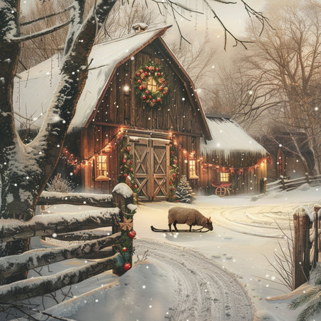 Christmas background with wooden house, sheep and Christmas wreath on the roof.の素材