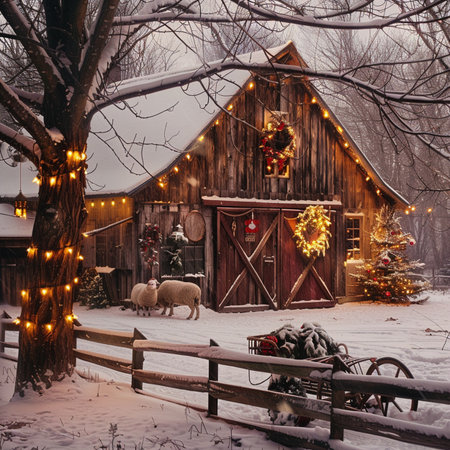 Old wooden barn with christmas lights and sheep in winter forest.の素材