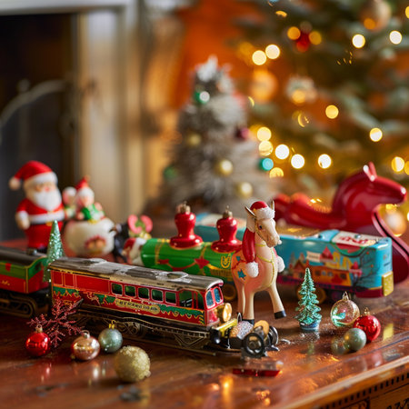 Christmas and New Year background. Toy train with Santa Claus and Christmas tree.の素材