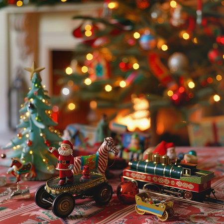 Wooden toy train with Santa Claus on the background of a Christmas treeの素材