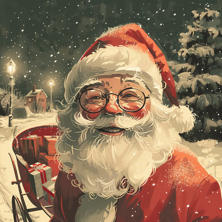 Santa Claus in a red coat and glasses on the background of the night city.の素材