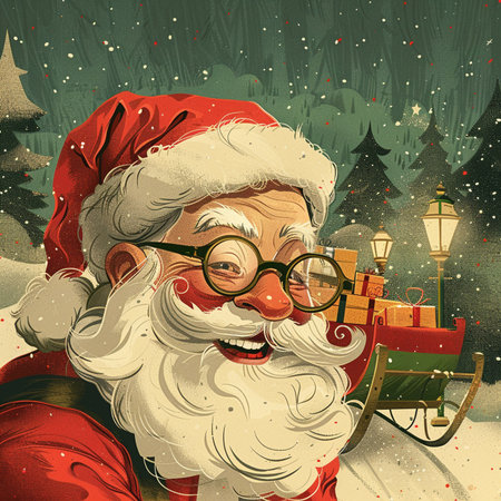 Santa Claus with a sleigh pulled by a Christmas tree and giftsの素材