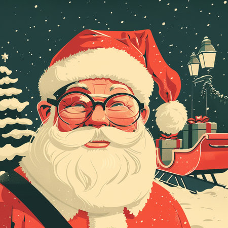 Santa Claus with a red beard and glasses on the background of a snowy landscapeの素材