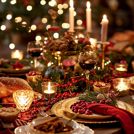 Christmas table setting with candles, cutlery, croissants, candlesticks and berriesの素材