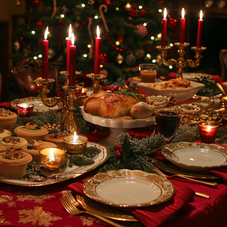 Traditional Christmas table with turkey, candlesticks and candles. Selective focus.の素材