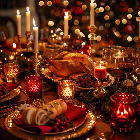 Festive Christmas table with roasted turkey and other traditional dishes. Close upの素材