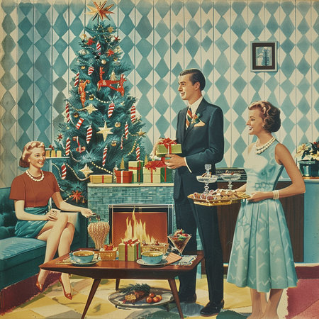 Retro photo of a family celebrating New Year at home near the Christmas treeの素材