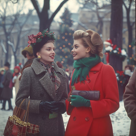 Two beautiful girls in red coats and green knitted hats on the streetの素材