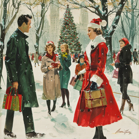 Merry Christmas and Happy New Year greeting card. People in the city street.の素材