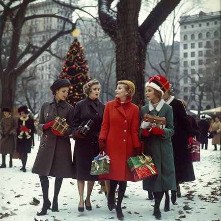 Three women in a red hat with gifts in their hands on the background of a Christmas treeの素材