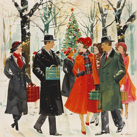Retro styled illustration of a group of people in winter clothes with giftsの素材