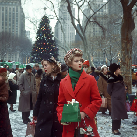 A woman in a red coat with a Christmas tree in the background.の素材