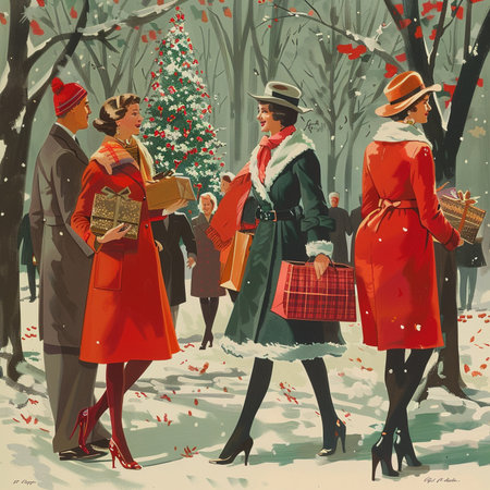 Vintage Christmas card with family walking in the park. Vintage styles.の素材