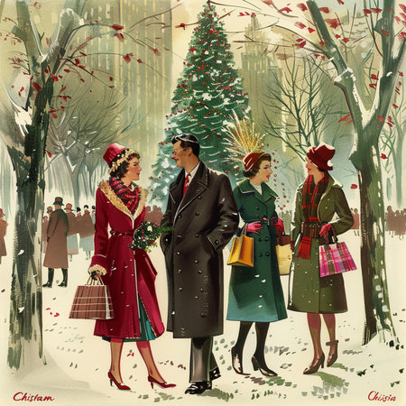 Vintage illustration of a young couple in winter clothes with shopping bagsの素材