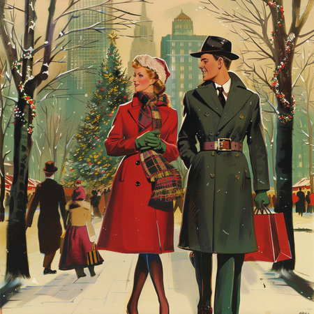 A young man and a beautiful woman in red coats on the streets of New York.の素材