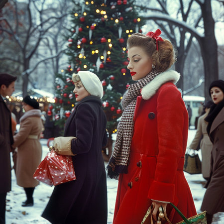Beautiful girl in a red coat on the background of the Christmas treeの素材